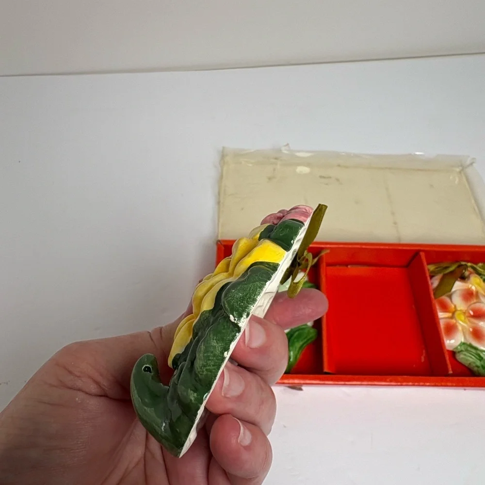 Vintage Floral Ceramic Wall Art Hooks in Original Box